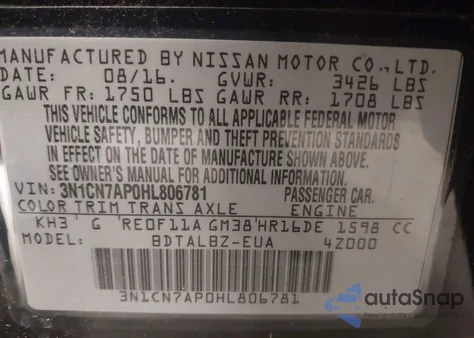 2017 Nissan Versa 1.6 Sv from USA, damaged, VIN 3N1CN7AP0HL806781